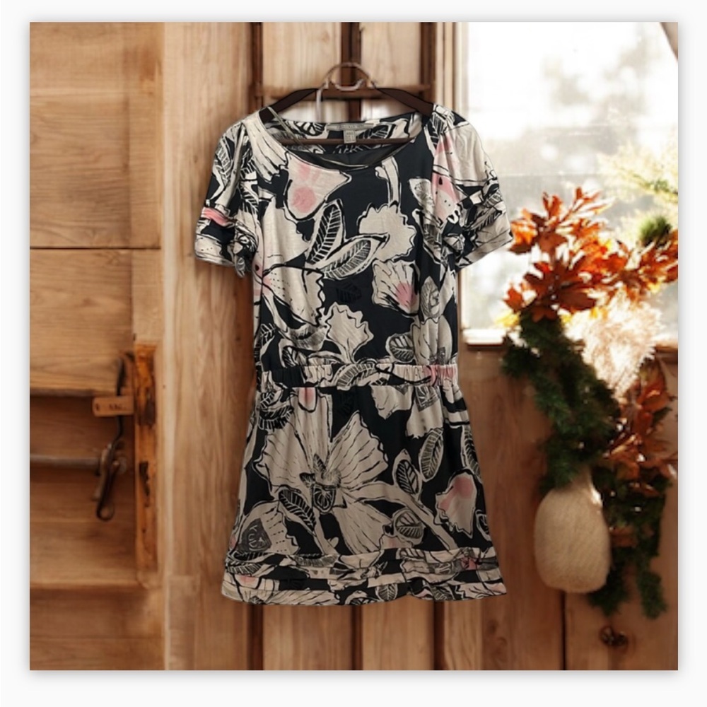 ZARA Floral Cream,black& pink midi dress -elastic ruched band at waist E…